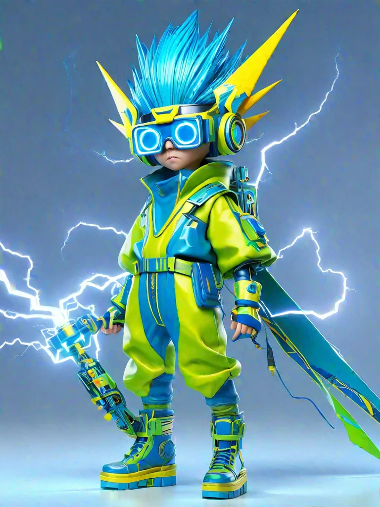 1人の男の子, 一人で, 雷エネルギー, 電気の要素, 尖った黄色の頭飾りをかぶっている, 大きな長方形のグラス, 青いハイライト, 明るい青と緑の四角い服を着ている, ハイヒールブーツ, 電気兵器を手に, 最高品質, オリジナル, 全身, 漫画風, 3Dキャラクターレンダリング, C4DとBlenderで作成, 正確な, ブラインドボックスおもちゃスタイル, 非常に詳細な, 解剖学的に正しい, 傑作
