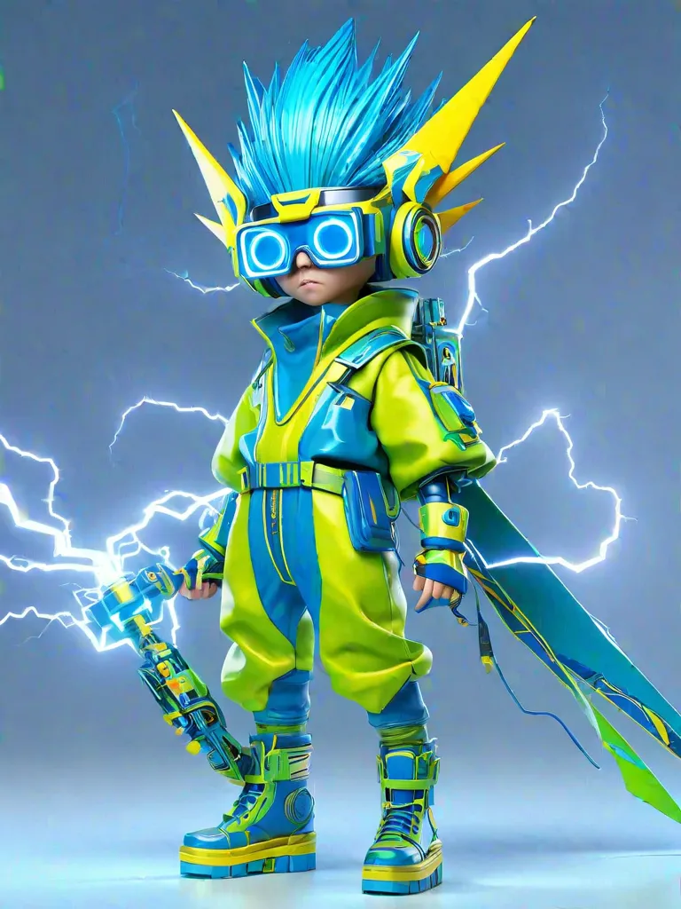 1boy, solo, lightning energy, element of electricity, wearing a pointy yellow headdress, large rectangular glasses, blue highlig...
