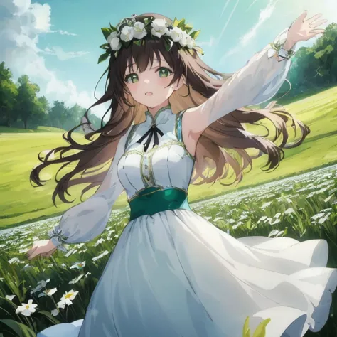 woman in white dress standing in flower garden, beautiful maiden, anime visuals of cute girls, official art, official anime artw...