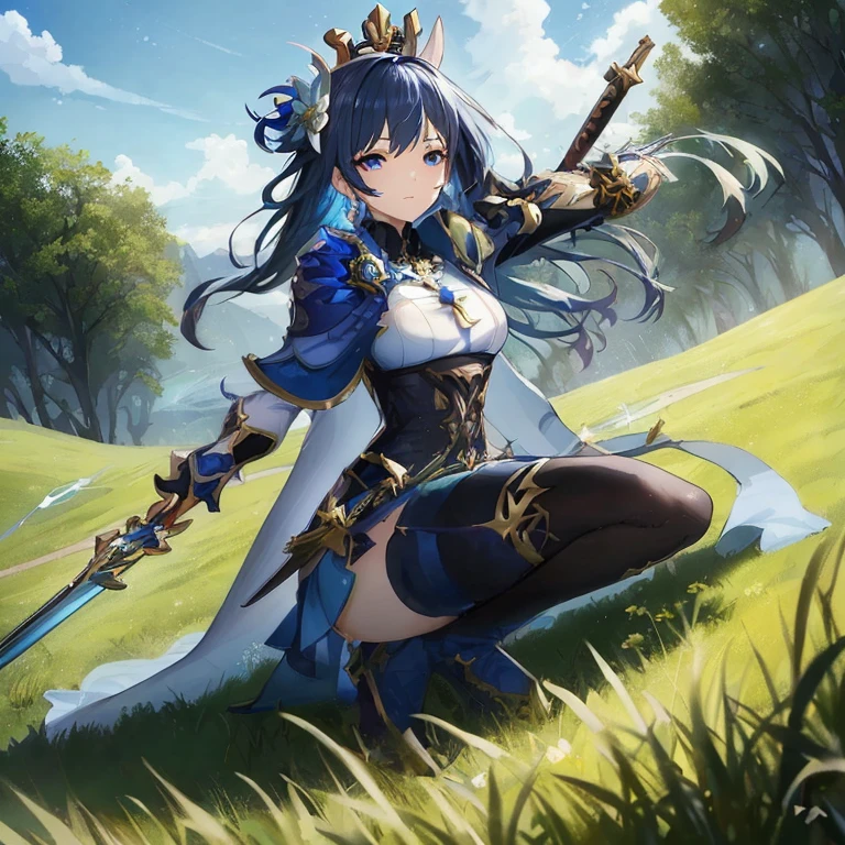 Woman in blue dress holding sword in field, Ayaka Genshin Impact, cushart krenz key art feminine, epic light novel art cover, high detailed official artwork, keqing from genshin impact, epic light novel cover art, Light Novel Cover Art, Granblue Fantasy, Genshin, Detailed key anime art, ayaka game genshin impact