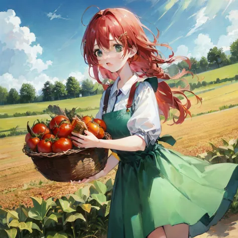 red-haired anime girl with basket of tomatoes in field, official art, sakimichan, rin, art promotional, trending on artstation p...