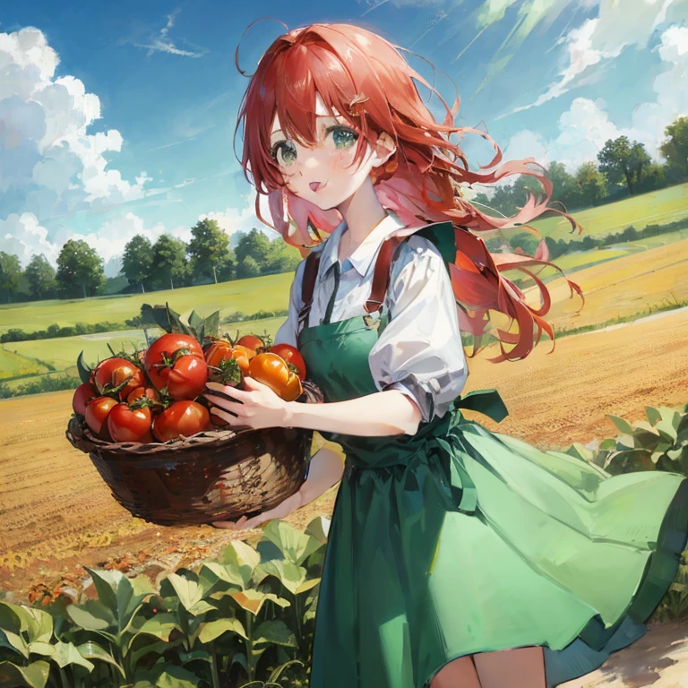 Red-haired anime girl with basket of tomatoes in field, Official art, sakimichan, Rin, art promotional, Trending on ArtStation pixiv, official artwork, zerochan art, made with anime painter studio, Beautiful sunflower anime girl, official illustrations, Anime visuals of cute girls, cushart krenz key art feminine