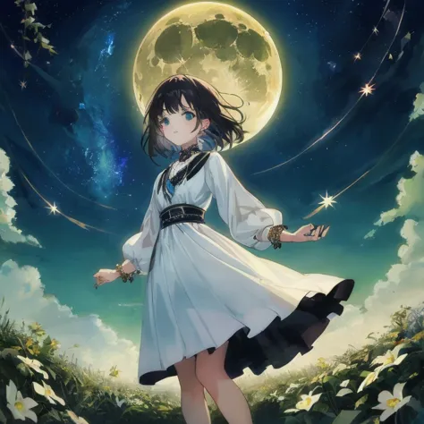 anime girl in white dress standing in field against full moon background, ethereal anime, anime art wallpaper 8k, official anime...