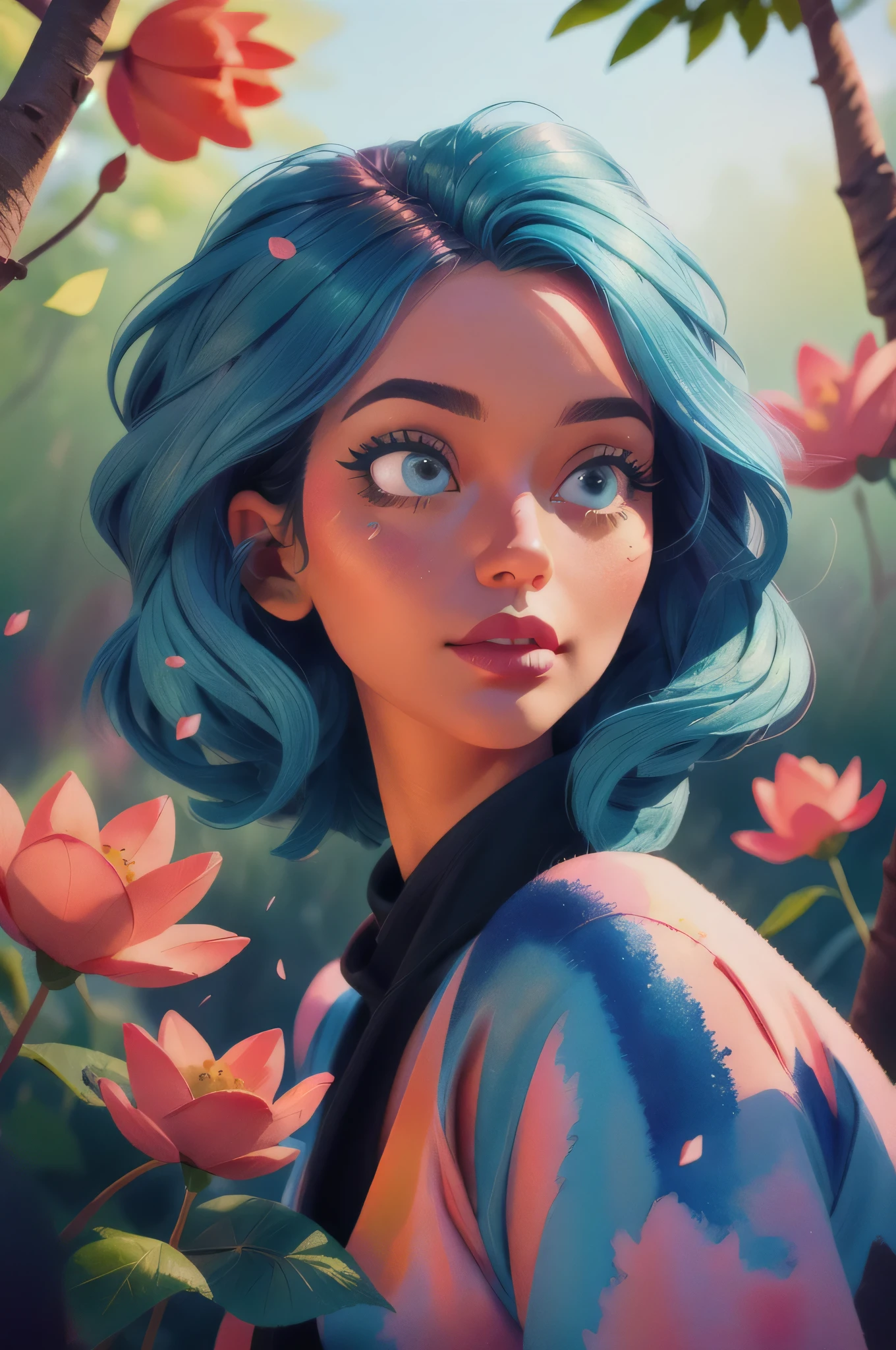 (masterpiece:1.4), (best quality:1.4), A beautiful girl with blue hair, with big blue eyes, in detailed metallic armor, knight armor, lips, makeup, side angle, natural pose, Dramatic lighting, sunlight, in the forest, depth of field, 3d animated cartoon, vibrant, colorful, Watercolor, Ink, (best quality,4k,8k,highres,masterpiece:1.2),ultra-detailed,extremely detailed eyes and face, long eyelashes, vivid colors, detailed background, detailed face, (sunshine theme:1.1), (style-swirlmagic:0.8), floating red particles, floating red petals