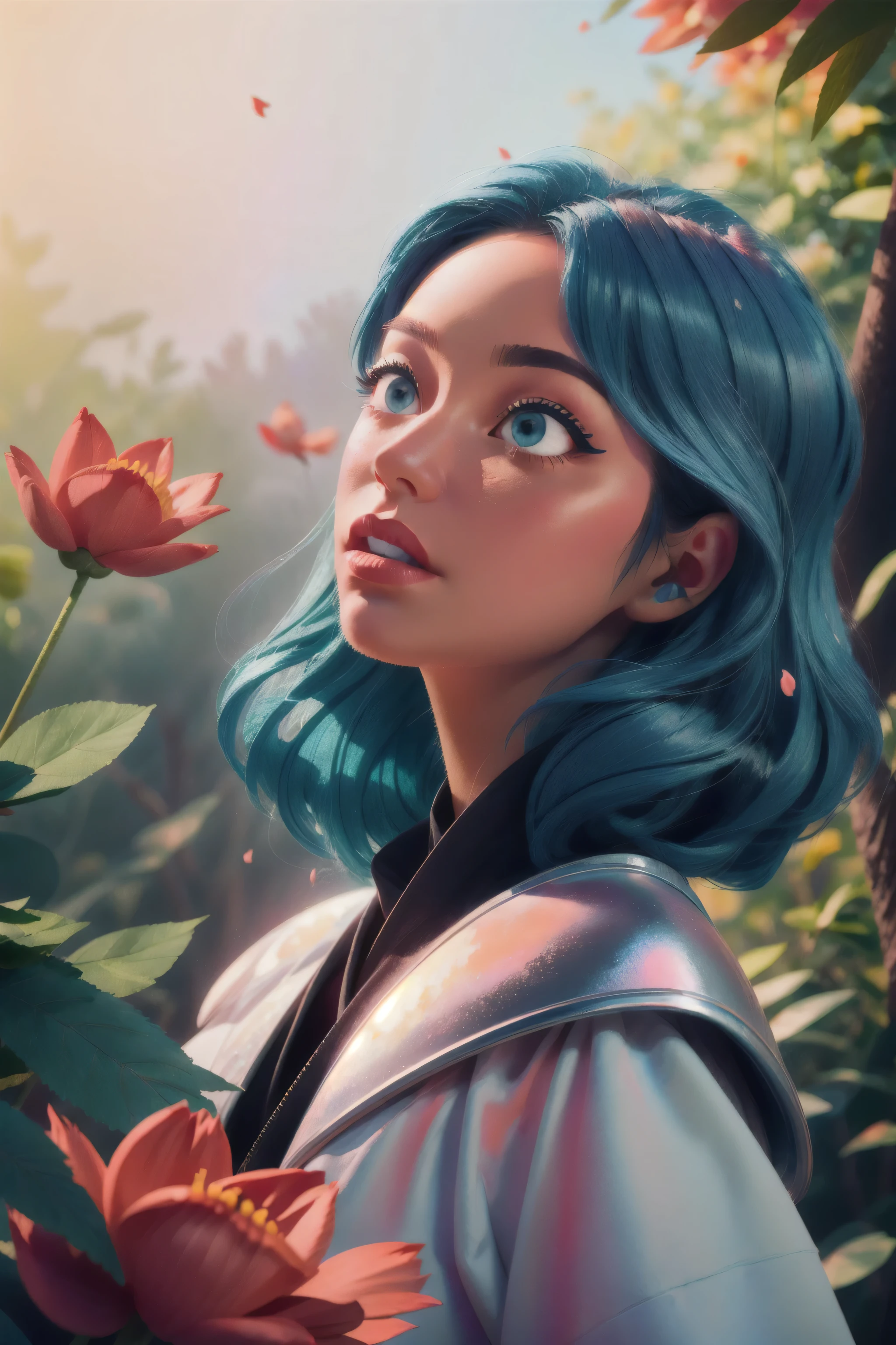 (masterpiece:1.4), (best quality:1.4), A beautiful girl with blue hair, with big blue eyes, in detailed metallic armor, knight armor, lips, makeup, side angle, natural pose, Dramatic lighting, sunlight, in the forest, depth of field, 3d animated cartoon, vibrant, colorful, Watercolor, Ink, (best quality,4k,8k,highres,masterpiece:1.2),ultra-detailed,extremely detailed eyes and face, long eyelashes, vivid colors, detailed background, detailed face, (sunshine theme:1.1), (style-swirlmagic:0.8), floating red particles, floating red petals