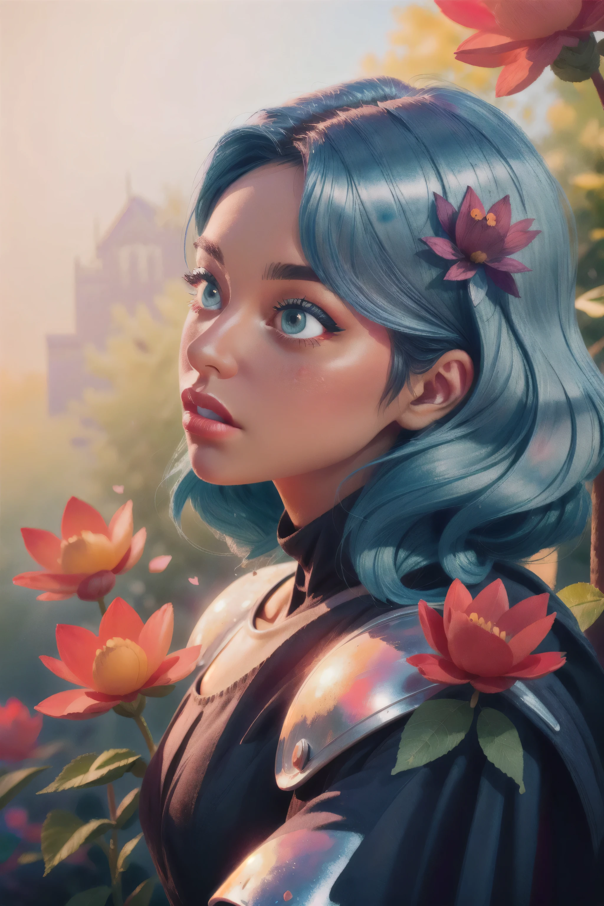 (masterpiece:1.4), (best quality:1.4), A beautiful girl with blue hair, with big blue eyes, in detailed metallic armor, knight armor, lips, makeup, front angle, natural pose, Dramatic lighting, sunlight, in the forest, depth of field, 3d animated cartoon, vibrant, colorful, Watercolor, Ink, (best quality,4k,8k,highres,masterpiece:1.2),ultra-detailed,extremely detailed eyes and face, long eyelashes, vivid colors, detailed background, detailed face, (sunshine theme:1.1), (style-swirlmagic:0.8), floating red particles, floating red petals