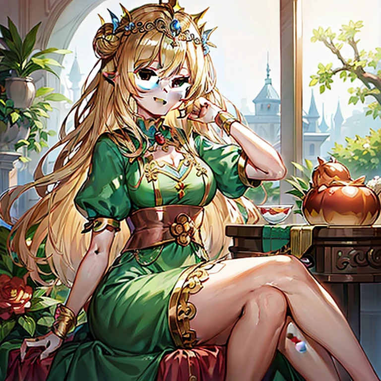 Anime girl sitting on a chair with a wrealist on her head,  in dress, Cute anime waifu in a nice dress, marin kitagawa fanart, blonde - haired princess, anime goddess, Beautiful anime girl, blonde anime girl with long hair, , shadowverse style, smiling as a queen of fairies, nature goddess, Elf Girl