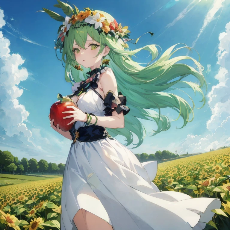 Anime girl with green hair and flower crown holding apple, goddess of summer, goddess of summer, Official art, official artwork, nature goddess, Beautiful sunflower anime girl, goddess of spring, official anime artwork, anime goddess, cushart krenz key art feminine, High resolution in the field, anime style 4 k, Trending on ArtStation pixiv