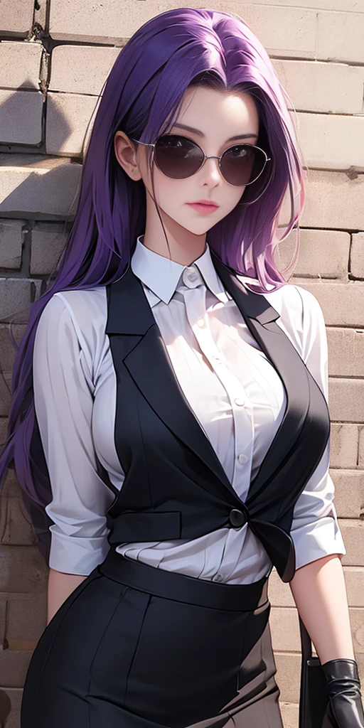 highest quality, masterpiece, high resolution,only {Black business suit:1.40} {tie:1.20} {sunglasses:1.25} {White gloves:1.15} { White shirt:1.10} {Black Skirt:1.15} good looking {Medusa_FGO:1.15} length_hair, purple_hair, very_length_hair, purple_eye, chest, big_chest, 1girl, solo, white background, brick wall backdrop, upper body, looking at viewer, bare arms, folded arms