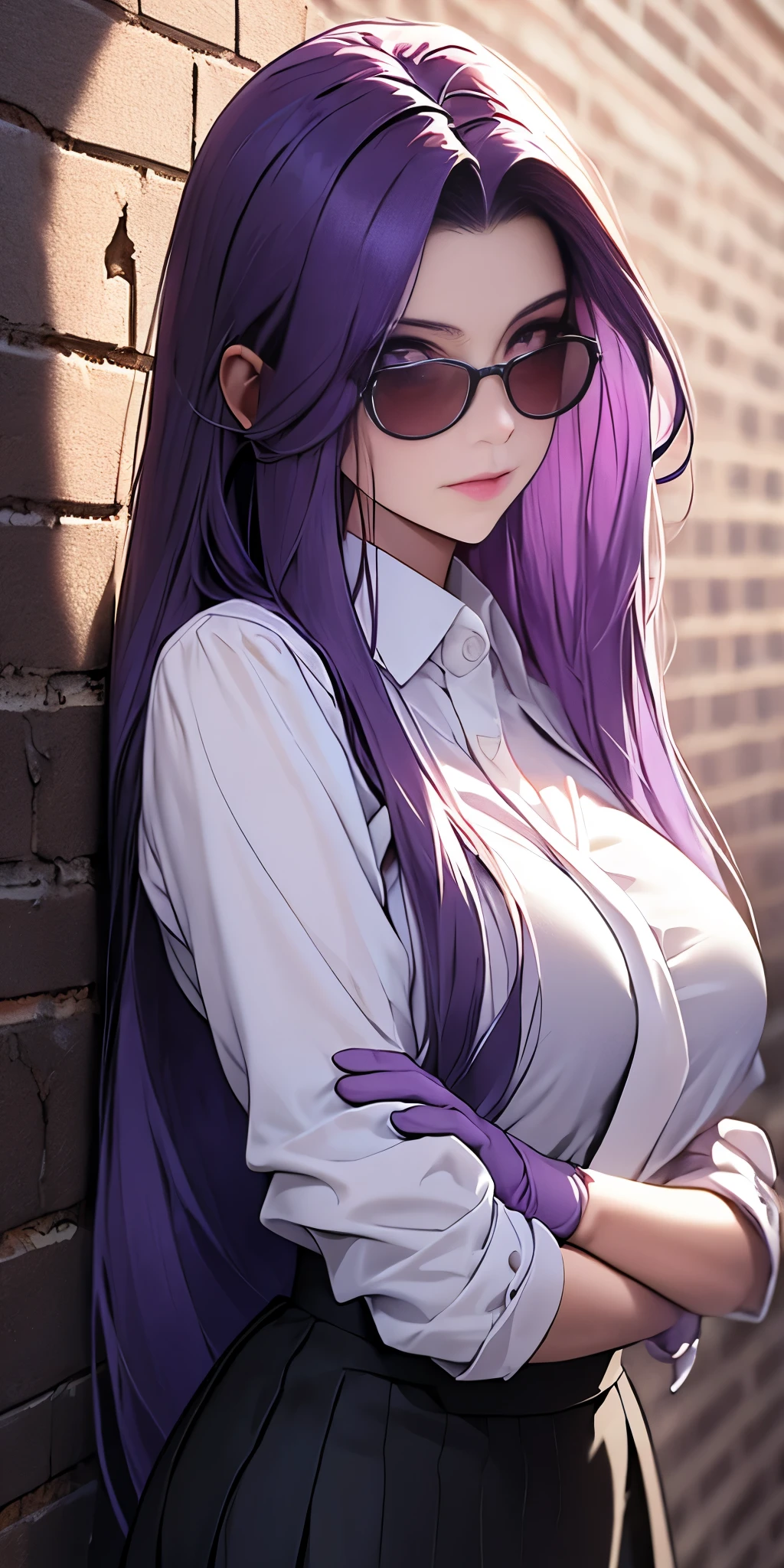 highest quality, masterpiece, high resolution,only {Black business suit:1.40} {tie:1.20} {sunglasses:1.25} {White gloves:1.15} { White shirt:1.10} {Black Skirt:1.15} good looking {Medusa_FGO:1.15} length_hair, purple_hair, very_length_hair, purple_eye, chest, big_chest, 1girl, solo, white background, brick wall backdrop, upper body, looking at viewer, bare arms, folded arms