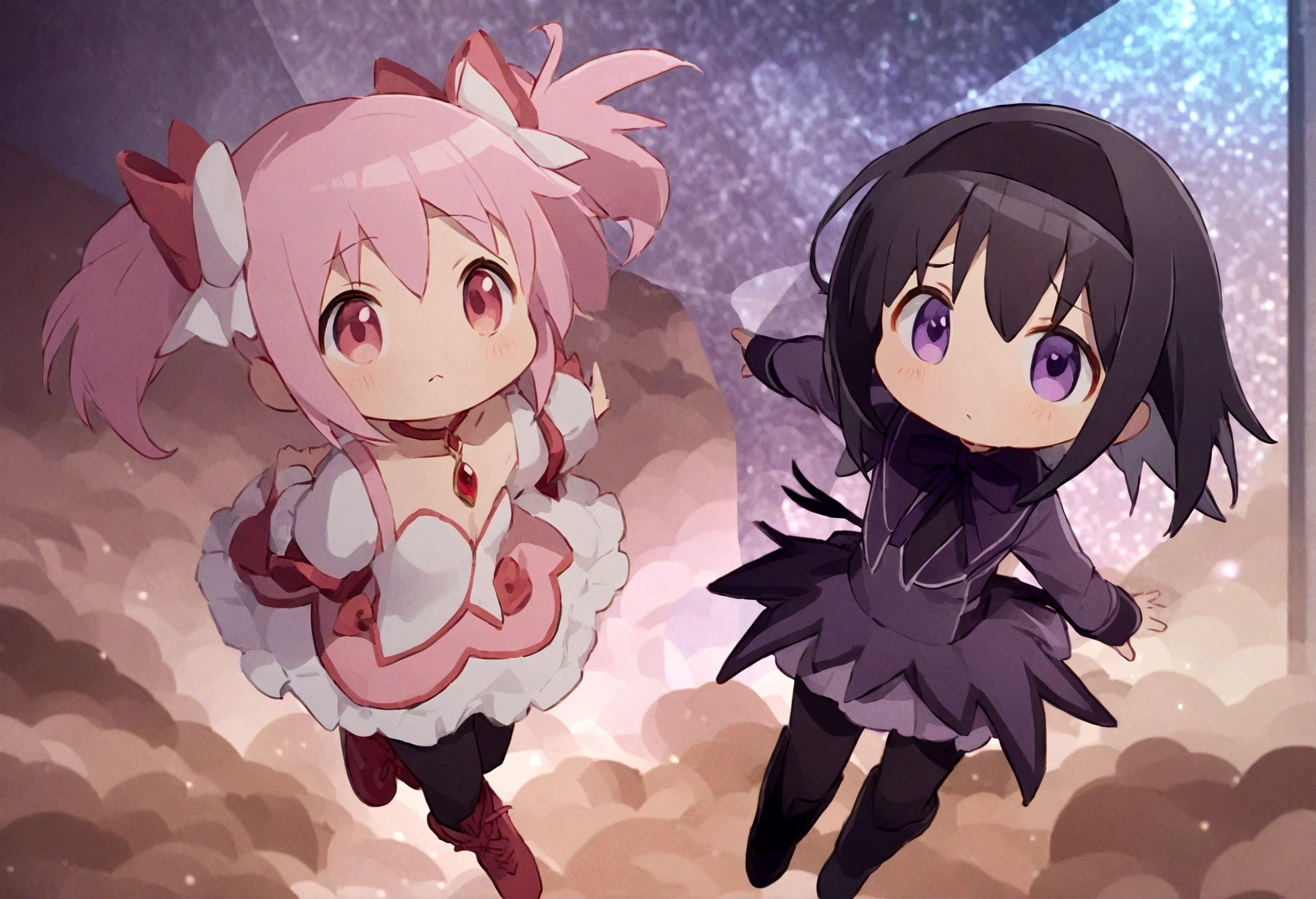 (2female:1.6),akemi_homura\,dark purple long hair,white long shirt,purple sailor collar,black headband,black pantyhose,purple ribbon tie,purple jewel at back of hand,purple ribbon at chest,purple short skirt with frill,black long boots with purple rhombus line pattern\) and kaname_madoka\((magical_girl costume:1.4),pink short twin tails,bows,open cleavage dress with frill,backward ribbon at neck,white grove,red jewel at middle of clavicle,white frilled high socks,red shoes\) reaching their hands, BREAK ,colorful and geometric and chaotic background of messy chaotic gothic shadow puppet castles,(in a very psychedelic nightmare),big clock motif at the center of background, BREAK ,quality\(8k,wallpaper of extremely detailed CG unit, ​masterpiece,hight resolution,top-quality,top-quality real texture skin,hyper realisitic,increase the resolution,RAW photos,best qualtiy,highly detailed,the wallpaper,cinematic lighting,ray trace,golden ratio\)(long shot),wide shot,landscape,blured background,(art by Maurits Escher:1.3)