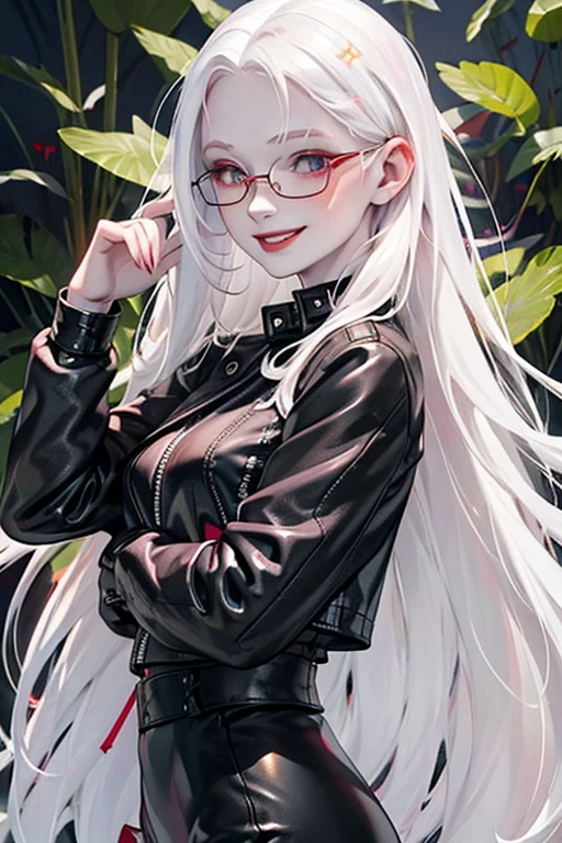 (black clothing), Cute 18 yo (albino:1.4)woman of Slavic descent.(short:1.1), , long white hair, gray eyes, ((very pale:1.4)). Innocent look. Gentle spirit.(virgin), (joy:1.2),(smile:1.3). (Playful:1.2). Mascara, eyeglasses, red lipstick, Leather jacket, sheer lace top, Tight leather pants, pink Chuck Taylor All Stars.