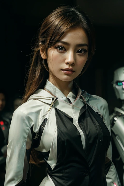 Mujer parada frente a un grupo de robots., hermosa mujer androide, Tormentas y escenas de guerra épicas., chica de traje, Ropa de moda compleja., Hermosa mujer japonesa、Textura facial y de piel muy detallada.、Un ojo detallado、Doble párpado、hermosa mujer soldado