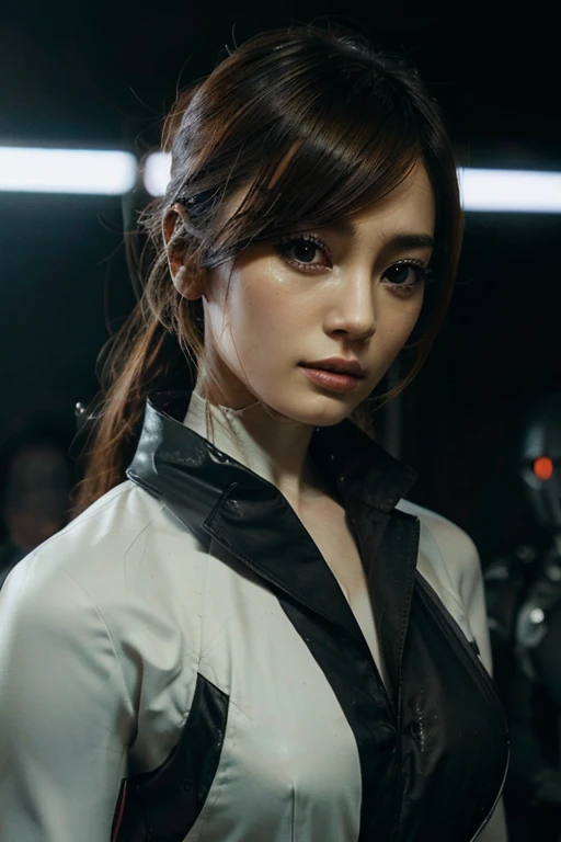 Woman standing in front of a group of robots, beautiful android woman, Storms and epic war scenes, girl in suit, Complex fashion clothes, Beautiful Japan Woman、Highly detailed facial and skin texture、A detailed eye、double eyelid、Beautiful Female Soldier