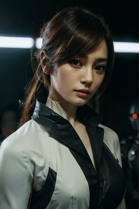 Woman standing in front of a group of robots, beautiful android woman, Storms and epic war scenes, girl in suit, Complex fashion...