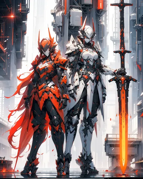 a woman with a sword and wings standing in front of a city, by Yang J, from arknights, detailed key anime art, red armor, trendi...