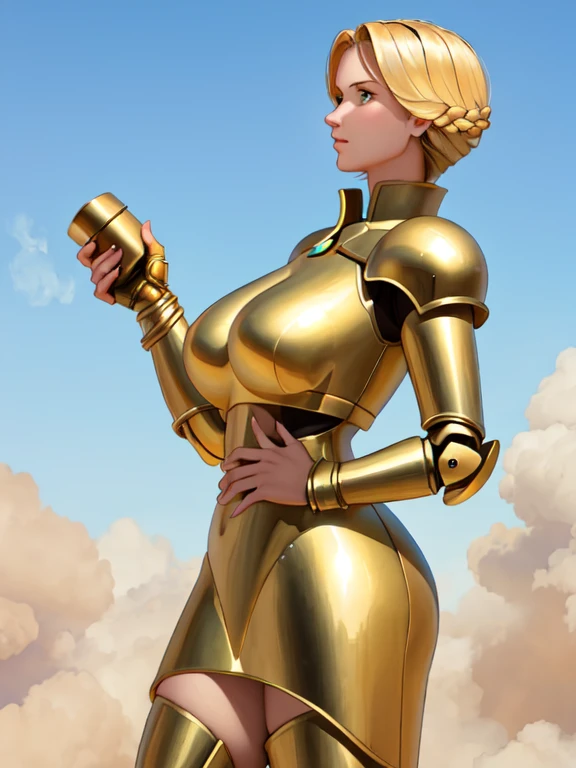 Crowd of women in futuristic dresses々Standing in front of, Large dieselpunk airship, dribble, Inspired by Gil Elvgren, Fantasy Paladin Female, Inspired by Mark Brooks, [ bubble, Portrait of Helen of Troy, Ski-Fi : :, Golden Armor  