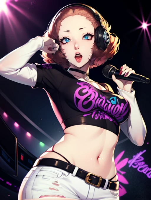 Haru Okumura (Persona),earrings ,lipstick, eye shadow, makeup, 1girl, solo, black t-shirt, white shirt, blue jeans, belt, lipstick, large breasts, layered sleeves, sexy pose, holding a microphone, singing, stage background, headphones