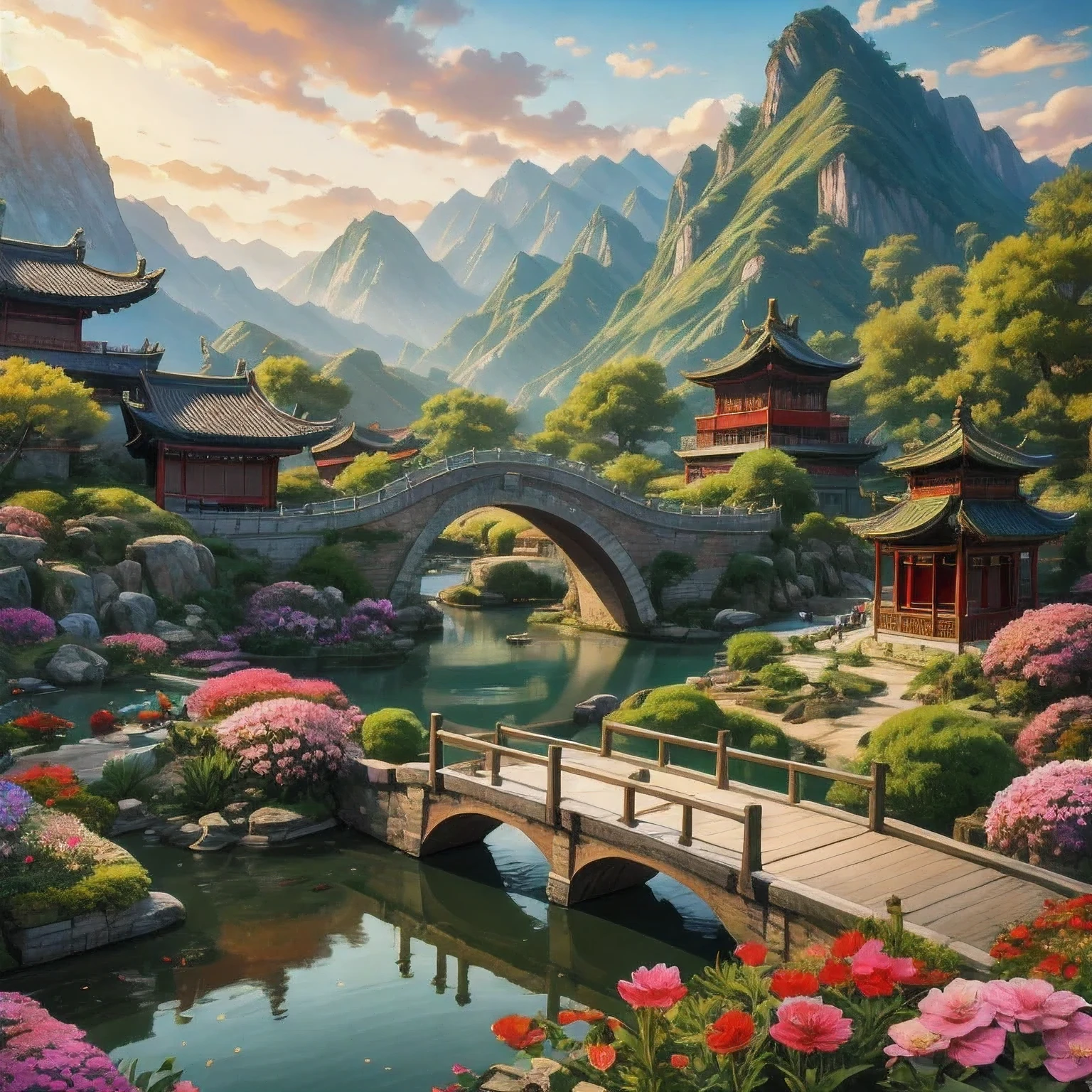 hay un cuadro de un jardín chino con un puente y flores., obra de arte del paisaje, dreamy ciudad china, china 3d 8k ultra detallada,ciudad china, Escena oriental,pueblo chino, papel pintado oriental, inspirado en Hiroshi Yoshida, inspirado en Yoshida Hanbei, ross tran. fondo escénico, paisaje chino, arte paisajístico detallado