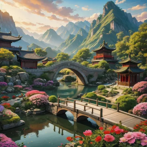 there is a painting of a china garden with a bridge and flowers, scenery artwork, dreamy china town, china 3 d 8 k ultra detaile...