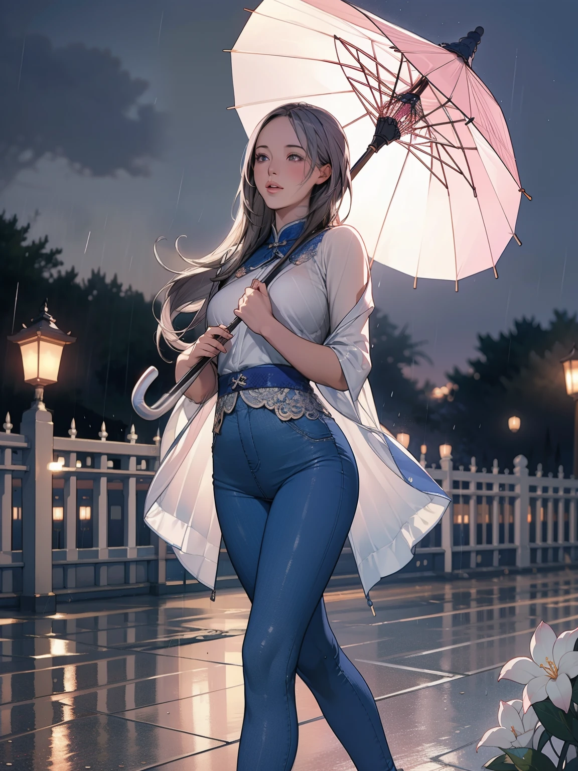 a girl in the rain playing with an 우산, 아름다운 디테일한 눈,아름답고 섬세한 입술,매우 상세한 눈과 얼굴,긴 속눈썹, 우산, 블루 데님 레깅스, 걸작, 매우 상세한, 현실적인, photo현실적인, photo-현실적인:1.37, 밤, 보름달, 여자 1명, 여성, mature 여성, 중국 자매, 로얄 시스터즈, 차가운 얼굴, silvery long hair 여성, 창백한 핑크 입술, 차분하고 지적인 3선 그레이 , 암살자, 랜턴, 꽃들, 공 배경, 걷는 도시 장면, 긴 머리 숄