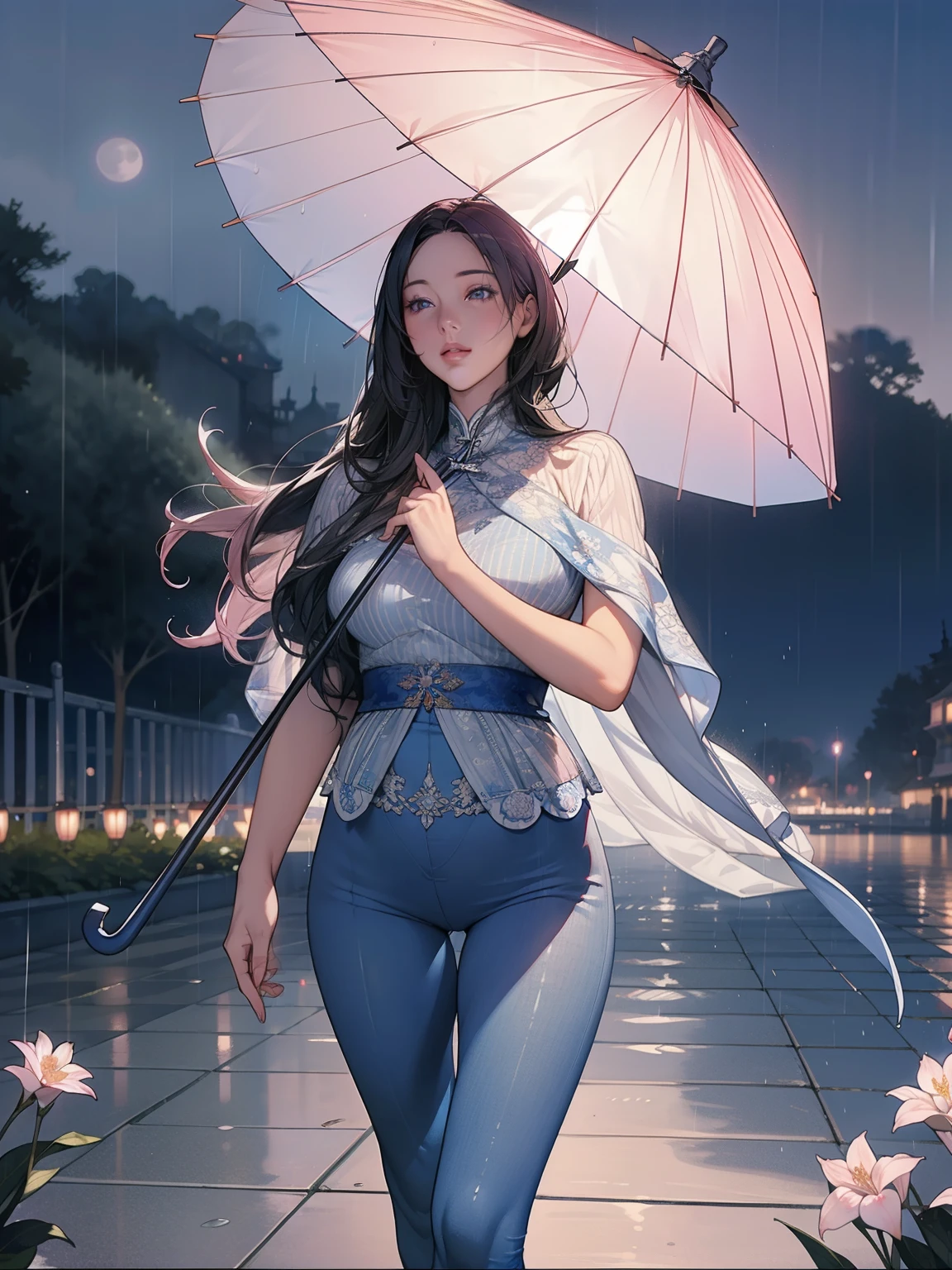 a girl in the rain playing with an umbrella, beautiful detailed eyes,beautiful detailed lips,extremely detailed eyes and face,longeyelashes, umbrella, blue denim leggings, masterpiece, ultra-detailed, realistic, photorealistic, photo-realistic:1.37, night, full moon, 1girl, woman, mature woman, chinese sisters, royal sisters, cold face, silvery long hair woman, pale pink lips, serene and intellectual 3-striped grey , assassin, lanterns, flowers, ball background, walking city scene, long hair shawl