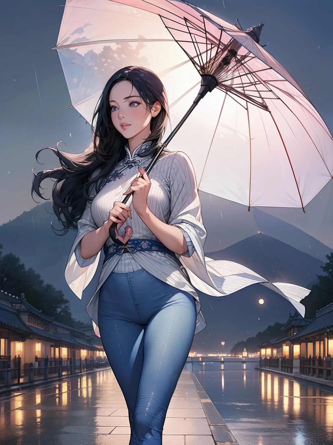 a girl in the rain playing with an umbrella, beautiful detailed eyes,beautiful detailed lips,extremely detailed eyes and face,longeyelashes, umbrella, blue denim leggings, masterpiece, ultra-detailed, realistic, photorealistic, photo-realistic:1.37, night, full moon, 1girl, woman, mature woman, chinese sisters, royal sisters, cold face, silvery long hair woman, pale pink lips, serene and intellectual 3-striped grey , assassin, lanterns, flowers, ball background, walking city scene, long hair shawl