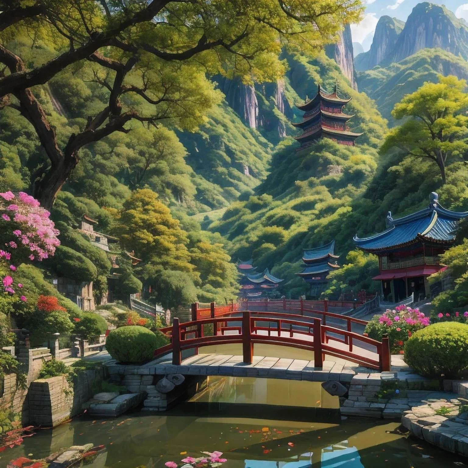 Es gibt ein Gemälde von einem chinesischen Garten mit einer Brücke und Blumen, Landschaft Kunstwerk, dreamy China-Stadt, China 3D 8K ultradetailliert,China-Stadt, orientalische Szene,chinesisches Dorf, Orientalische Tapete, inspiriert von Hiroshi Yoshida, inspiriert von Yoshida Hanbei, Ross Tran. malerischer Hintergrund, China Landschaft, Landschaft Kunst detaillierte