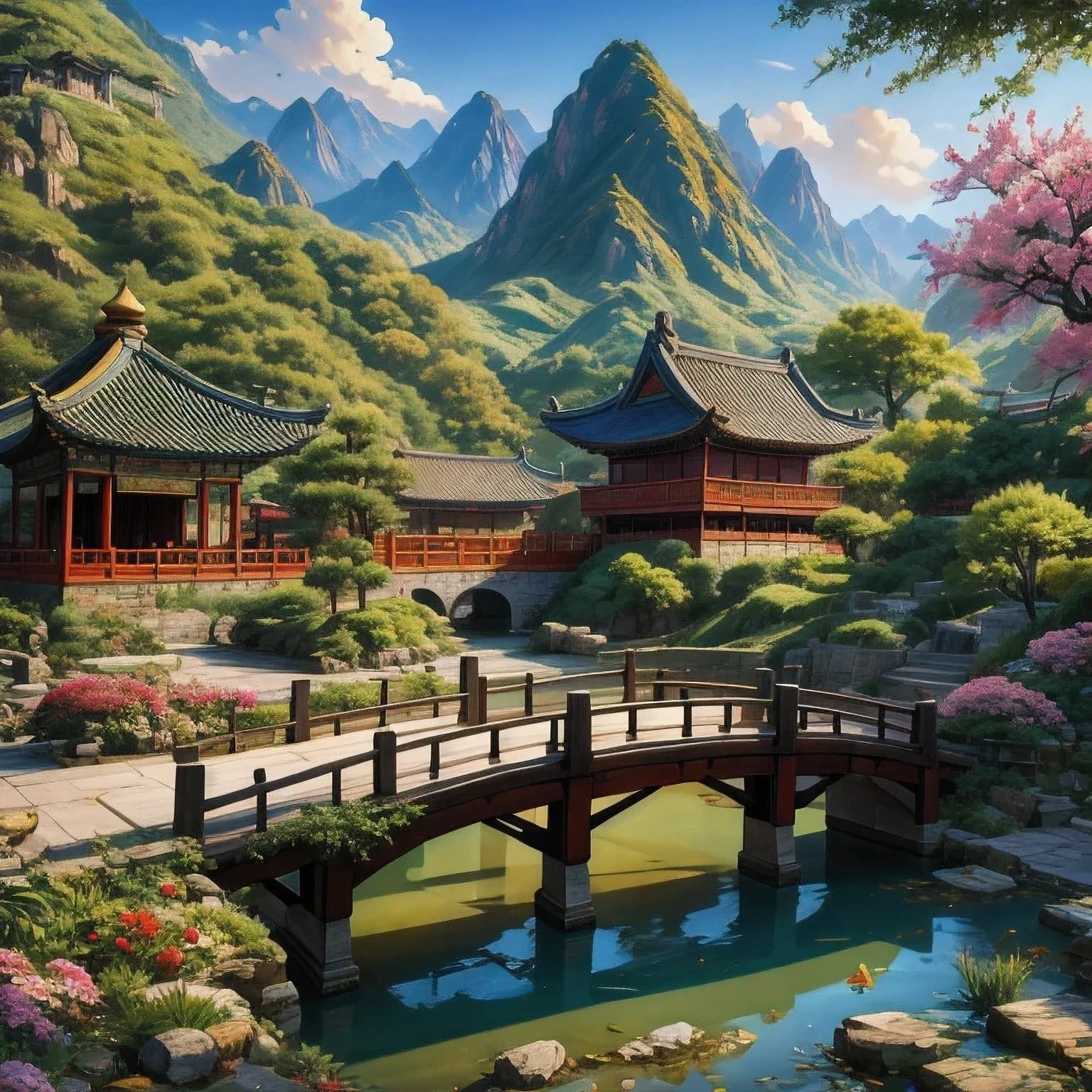 hay un cuadro de un jardín chino con un puente y flores., obra de arte del paisaje, dreamy ciudad china, china 3d 8k ultra detallada,ciudad china, Escena oriental,pueblo chino, papel pintado oriental, inspirado en Hiroshi Yoshida, inspirado en Yoshida Hanbei, ross tran. fondo escénico, paisaje chino, arte paisajístico detallado