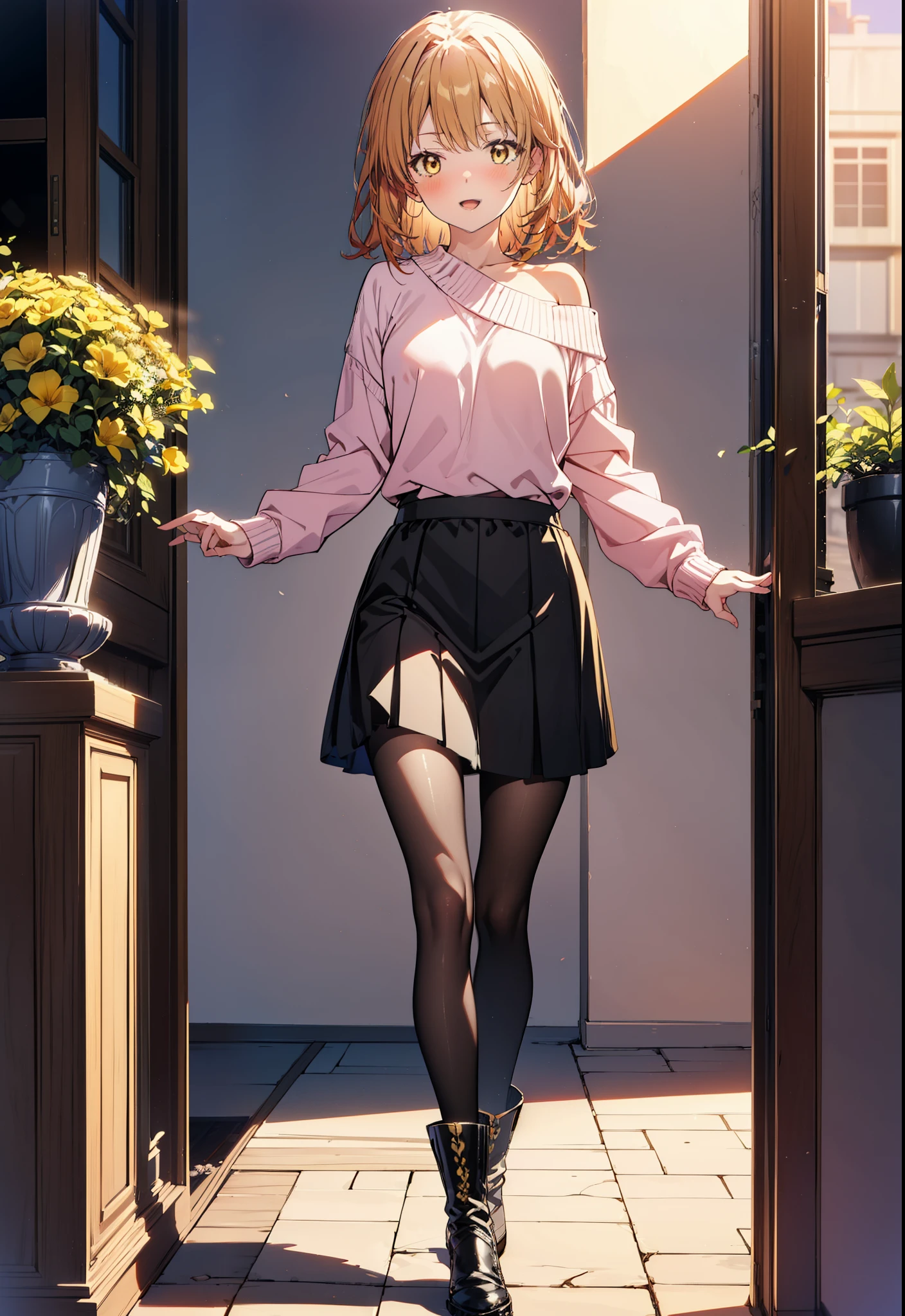 irohaisshiki, iroha isshiki, Long Hair, Brown Hair, (Brown eyes:1.5), happy smile, smile, Open your mouth,Yellow one-shoulder sweater,Black long skirt,Black Pantyhose,short boots,morning,morning陽,The sun is rising,whole bodyがイラストに入るように,walk,
break outdoors, balcony,Balcony, terrace, balcony, Embankment, Huge, Potted plants, Flowers in a vase,
break looking at viewer,whole body,
break (masterpiece:1.2), highest quality, High resolution, unity 8k wallpaper, (shape:0.8), (Beautiful details:1.6), Highly detailed face, Perfect lighting, Extremely detailed CG, (Perfect hands, Perfect Anatomy),