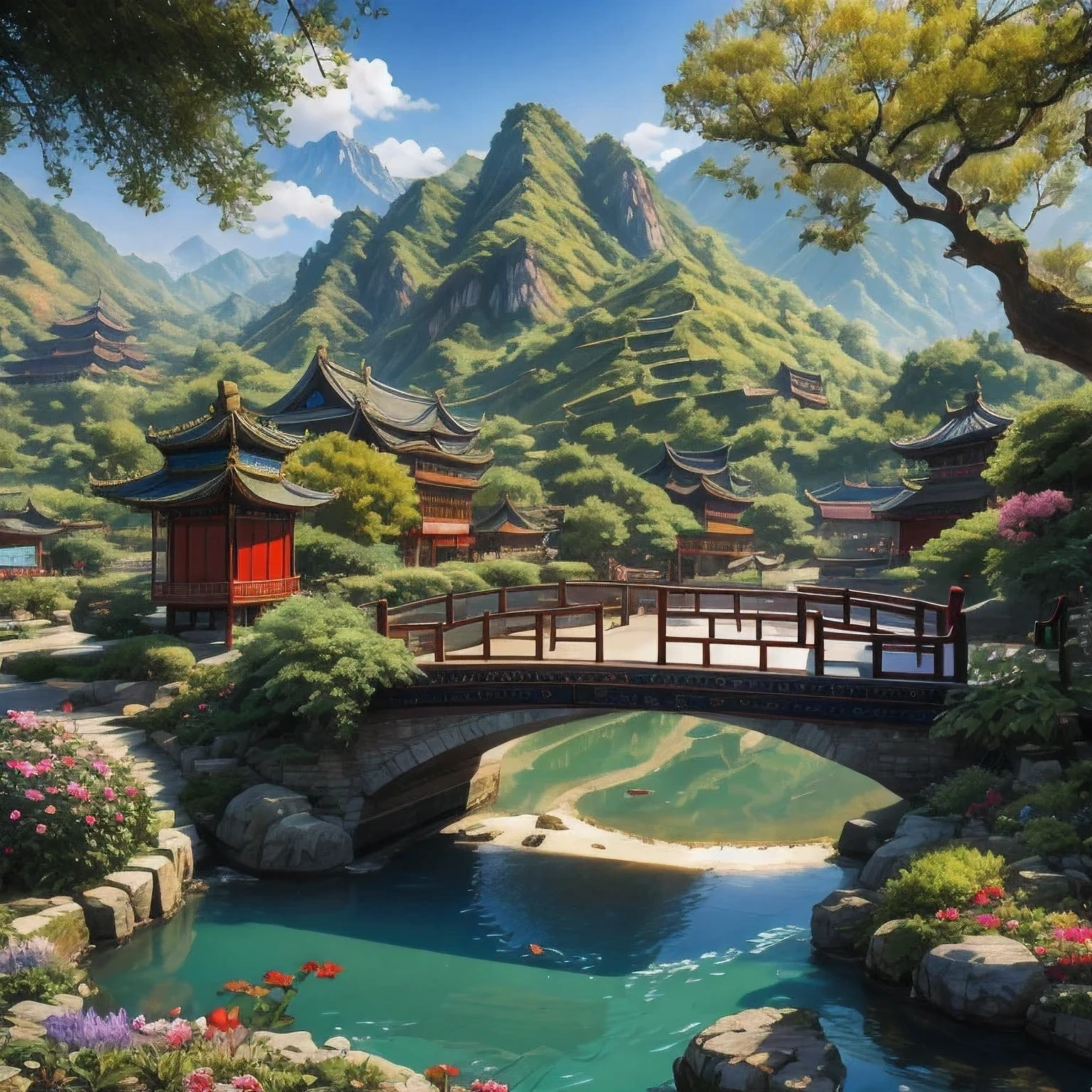 Es gibt ein Gemälde von einem chinesischen Garten mit einer Brücke und Blumen, Landschaft Kunstwerk, dreamy China-Stadt, China 3D 8K ultradetailliert,China-Stadt, orientalische Szene,chinesisches Dorf, Orientalische Tapete, inspiriert von Hiroshi Yoshida, inspiriert von Yoshida Hanbei, Ross Tran. malerischer Hintergrund, China Landschaft, Landschaft Kunst detaillierte