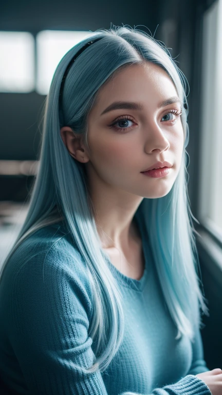 1girl, long light blue hair, dark blue , sitting in a modern classroom, detailed school interior, intricate textures, beautiful detailed eyes, beautiful detailed lips, extremely detailed face, long eyelashes, (best quality,4k,8k,highres,masterpiece:1.2),ultra-detailed,(realistic,photorealistic,photo-realistic:1.37),cinematic lighting, soft ambient lighting, vibrant colors, digital art