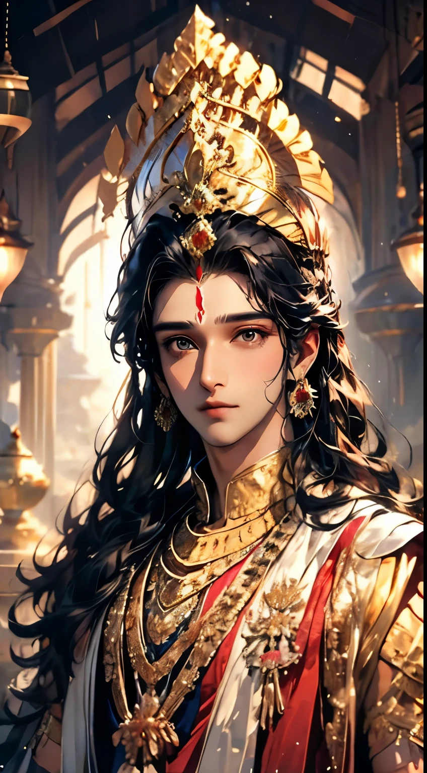 beautiful elegant man, Lord Krishna, photorealistic, 8k, hyperdetailed, masterpiece, fantasy art, dreamlike background, 1 adult male, clean detailed face, beautiful warm brown eyes, shiny black hair, lovely yellow dress with intricate embroidery, peacock feathers, luxurious jewelry, mesmerizing detailed art, closeup shot