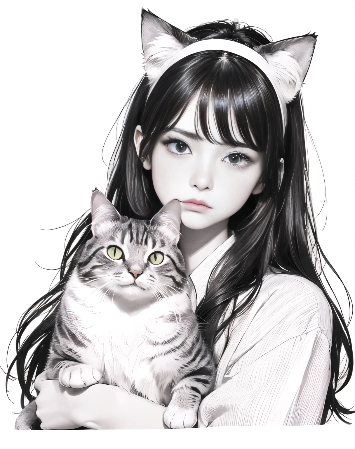 /私は怒っている, 頭にカナリアを乗せたイライラした猫（アンナ・ハイフィッシュによる手描き）, ミニマルな線画のスタイルで, 白色の背景, 超微細ディテール, クリエイティブ コモンズ アトリビューション, 森 圭, 描かれたイラスト, 穏やかな顔 -- リラックス