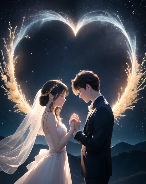 /I Modify the existing celestial themed image by adding a small  to the scene inside the heart made of stars. The  should be pos...