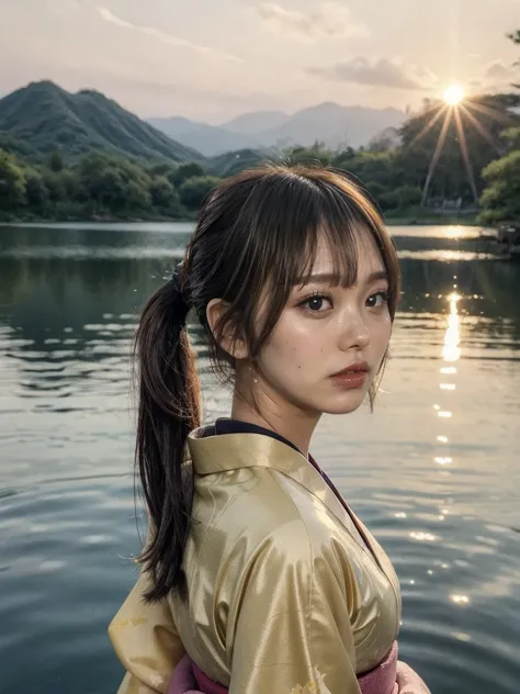 1 girl in a traditional japanese kimono, standing in a lake up to her waist, looking emotionless, her hair in a ponytail, golden...