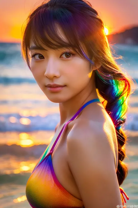 beautiful japanese lady wearing rainbow colors、 bikini, beautiful face, detailed face, rainbow color hair, sunset beach