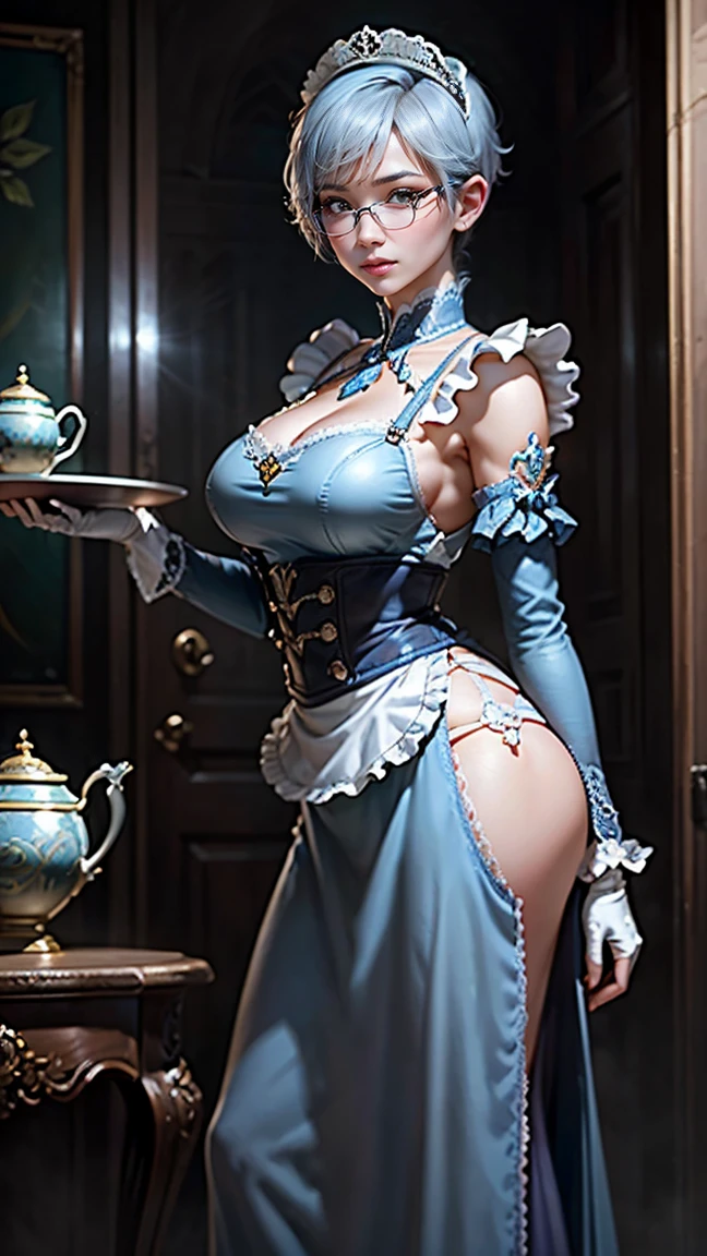 ((highest quality、masterpiece、8k、Realistic、超High resolution:1.3、Very delicate and beautiful、High resolution))、Cinema Lighting、medium range shooting、Portraiture、Perfect female body、Slender physique:1.6、Opposition、Looking at the audience、((Maid from Another World、Maid clothes:1.6、Lace Apron、Frilled head dress、White gloves、Glasses、Neat hairstyle))、(Light blue short hair:1.6、Big Breasts:1.4)、A kind smile、Sharp insight、Cleaning tools、Silver tray、Polite gestures、Clean shoes、Excellent customer service skills、Secret Undercover Job、Magical Power、Faithful Service、Intricate embroidery、Pocket Watch、Otherworldly Mansion、Elegant behavior、Archaic language、Sturdy shoes、Custom made uniforms、Soft voice、Magic Items、classy attitude、Green garden、Night Patrol、Quiet footsteps、Loyal Family Protector。