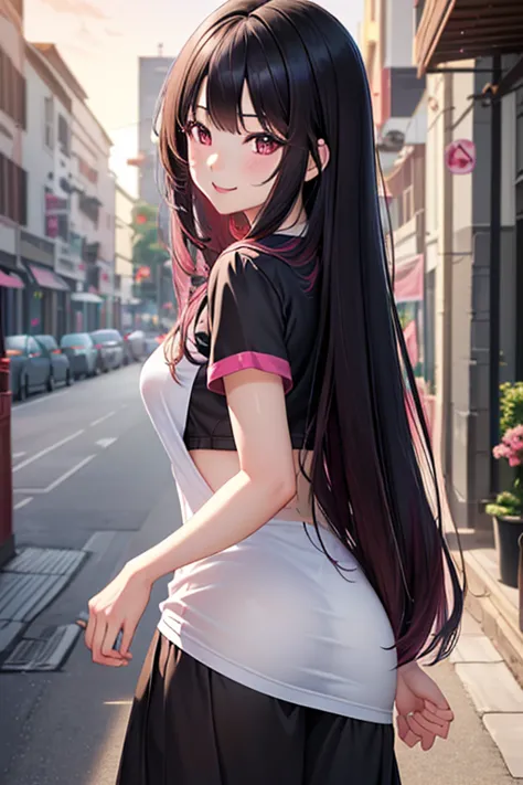 a beautiful 21 year old korean girl, long slightly waved black hair with pink highlights, sharp rosy eyes, playful smile, anime ...