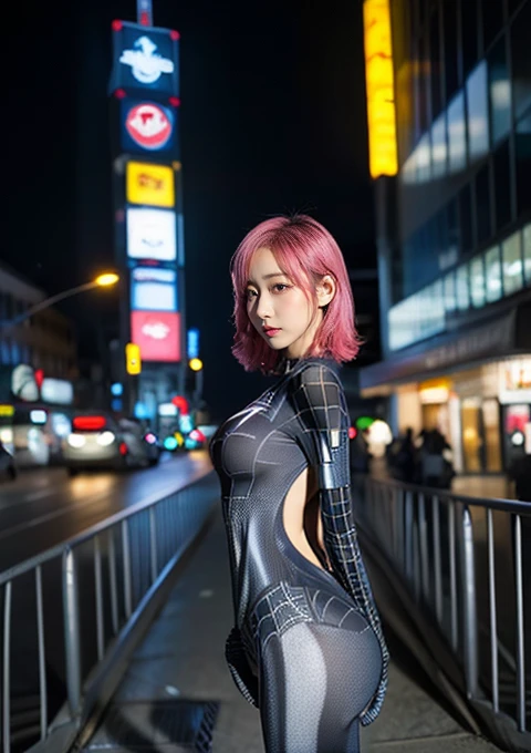 Seductively Posing,(Pink Hair :1.3), (Dayu Seren:1.37),masterpiece, highest quality, High resolution, (Realistic:1.4), (Written boundary depth:1.5), 1 girl, Thai idol, idol&#39;face, Pretty idol, (detailed face), (whole body:1.5), Standing in a big city, 
 Wavy Hair, Big Breasts:1.5, View Audience, アニメーション, Spider-Man pose, Super Heroine,Stunning cyberpunk cityscapes, Skyscraper, Neon Signs, LED Light, Bright and vivid color scheme, アニメ