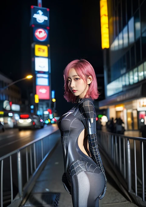 Seductively Posing,(Pink Hair :1.3), (Dayu Seren:1.37),masterpiece, highest quality, High resolution, (Realistic:1.4), (Written boundary depth:1.5), 1 girl, Thai Idol, Idol&#39;face, Pretty Idol, (詳細なface), (whole body:1.5), Standing in a big city, 
 Wavy Hair, Big Breasts:1.5, View Audience, animeーション, Spider-Man pose, Super Heroine,Stunning cyberpunk cityscapes, Skyscraper, Neon Signs, LED Light, Bright and vivid color scheme, anime