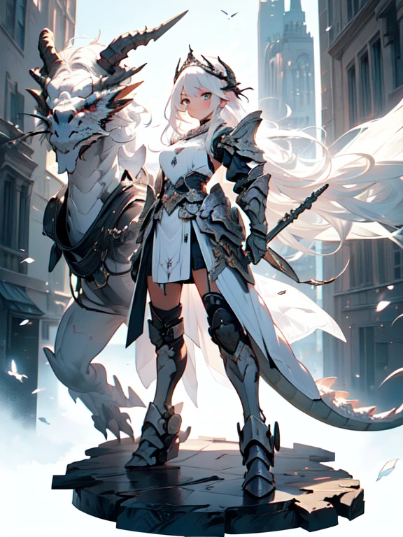 (((masterpiece, best quality, 8k)))Design a layout showcase Fantasy character, (1girl), ((mounted on a dragon)). Beautiful armor, wielding a spear, long white hair, wearing a tiara. ((detailed dragon:1.4)), white dragon, full of intricate details. (masterpiece:1.3), (best quality), 4k, ultra-detailed. (Dynamic pose, heroic stance:1.5), (dramatic lighting, atmospheric lighting). warrior, ((tiara:1.2)), (((long white hair:1.4))), spear, (((full_body_shot:1.5))). In a mystical landscape, high in the sky, with clouds and sunlight.
