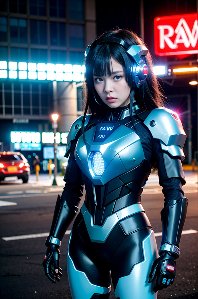 (RAW quality:1.4), Wide-angle shot, 1 female, Mecha, Sparkling blue eyes, 15 years old, Japanese, Very cute face, (Realistic:1.37), /imagine prompt: cyberpunk, police girl, armor, futuristic, neon lights, high-tech, edgy, sleek, dynamic pose, urban backdrop, reflections, metal textures, glowing visor, powerful stance, sci-fi, dramatic shadows, intense colors, high contrast, street style, badass, fierce, stylish, beauty, cybernetic enhancements 