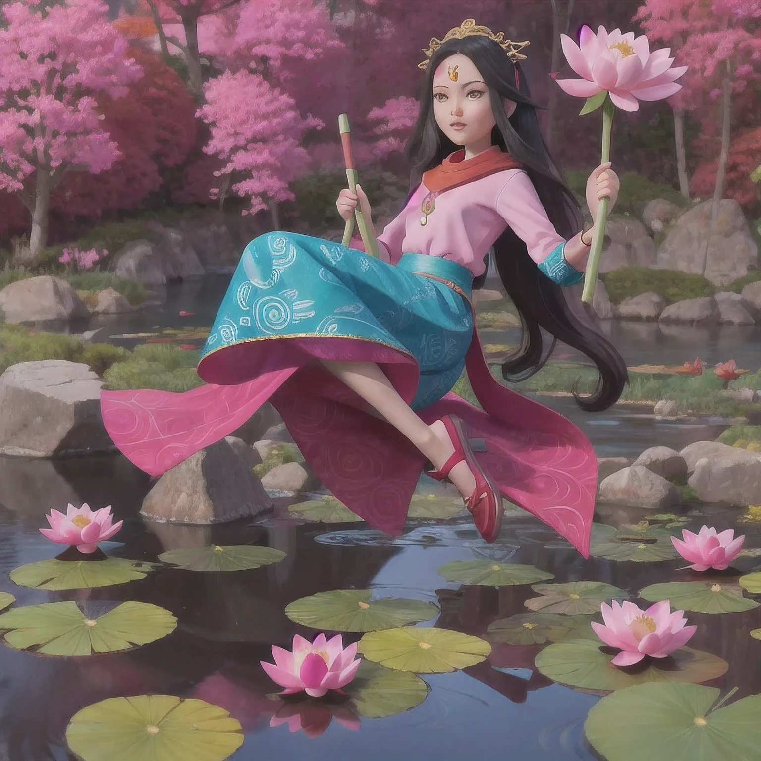 （Jay，HD，Ultra HD）long flowing dark hair，pond，Zidink， a color， （Concubine）， （Scarves）， Fighting Stance， Looking at the ground， Long gray hair， Flowing hair， Carp pattern headdress， Chinese style long sleeve clothing， （abstract ink splash：1.2）， Pink petals background，Pink and white lotus flowers flying（realistically：1.4），black hair，Fallen leaves fluttering，Background pure， high resolution， detail，photo， sharpie， Nikon film stock photo，do