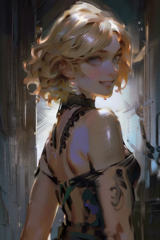 (back view),((ultra realistic illustration:1.3)), Athletic blonde woman, (short hair), tomboy, cute, ((smile)), Smoky eye, mascara, choker, black sheer lace camisole. Sexy, romantic. Masterpiece, (highly detailed:1.2),(detailed face and eyes:1.2), 8k wallpaper, Moody lighting. core shadows, high contrast, bokeh.