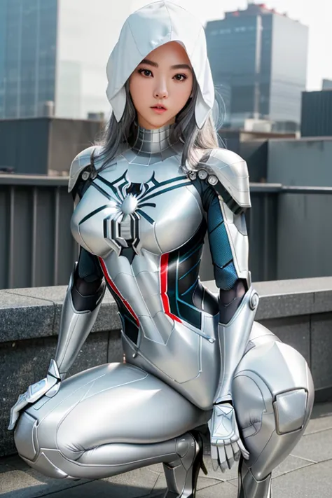 raw photo, photo-realistic, ((roseann park)) as spider gwen, (((robotic armor suit, articulated armor suit, metallic armor suit)...