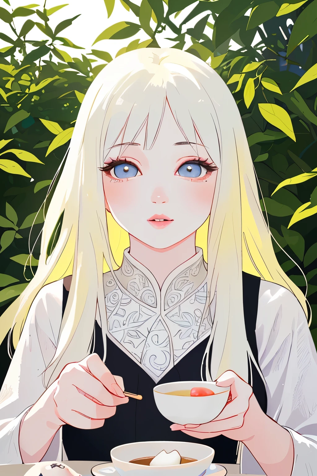 a young girl in a tea field, drinking tea and eating mochi, ultra-detailed, 8k, photorealistic, beautiful detailed eyes, beautiful detailed lips, extremely detailed face and skin, intricate details, vibrant colors, natural lighting, pastoral, serene, tranquil, cozy, cute, adorable, kawaii