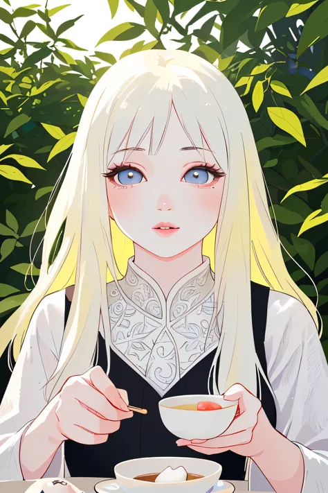 a young girl in a tea field, drinking tea and eating mochi, ultra-detailed, 8k, photorealistic, beautiful detailed eyes, beautif...