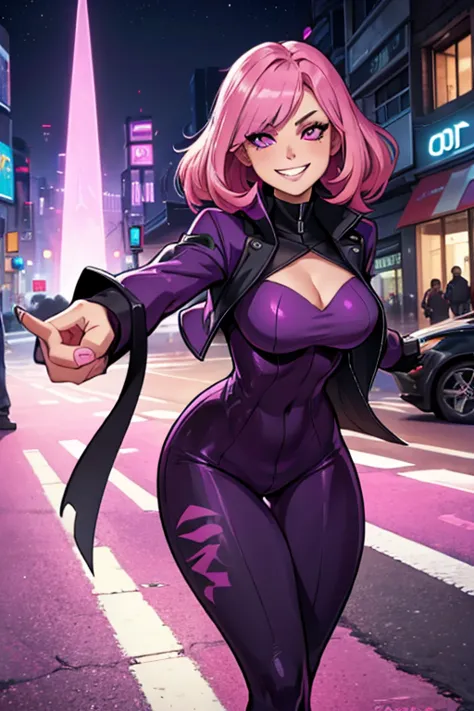 A pink haired female reaper with violet eyes with an hourglass figure in a soft pink spy jumpsuit is running through the streets...