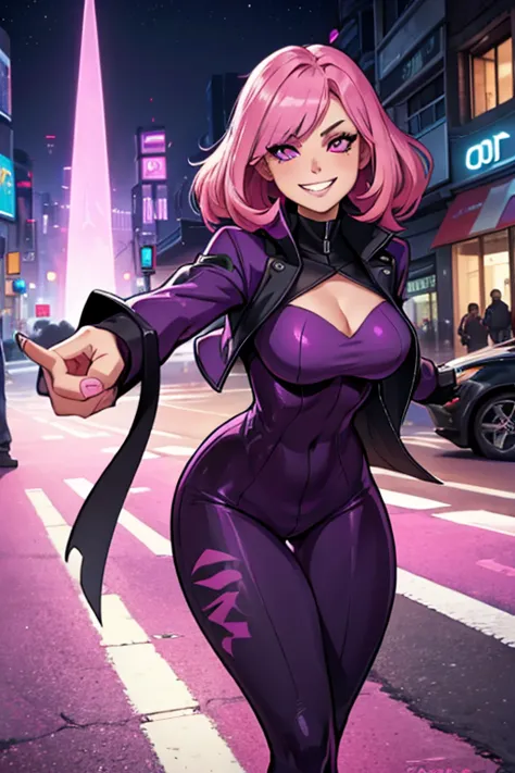 a pink haired female reaper with violet eyes with an hourglass figure in a soft pink spy jumpsuit is running through the streets...